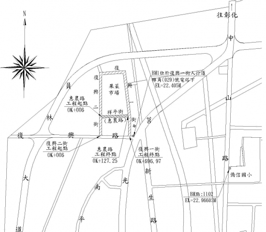 &uarr;員林果菜市場周邊道路拓寬工程位置圖