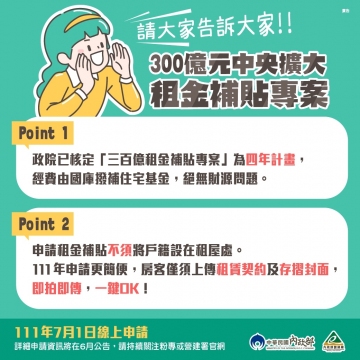可轉傳300億元中央擴大租金補貼專案圖卡