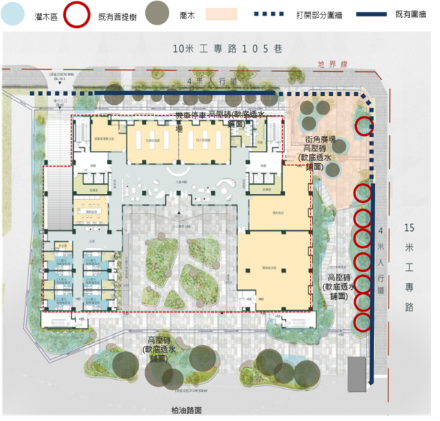 保留基地東側既有菩提樹，中央休憩廣場