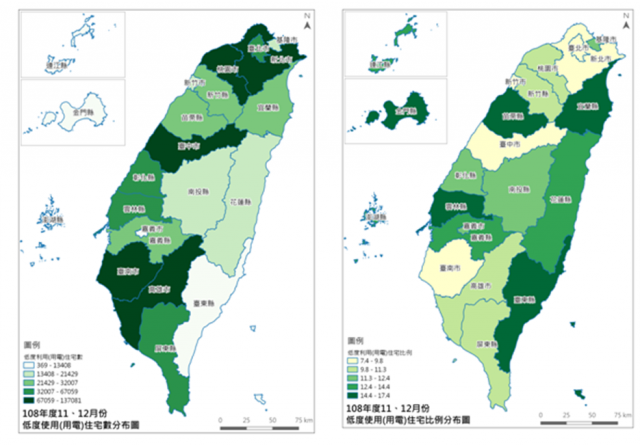 圖2 108年11、12月份低度使用(用電)住宅宅數、比例分布圖