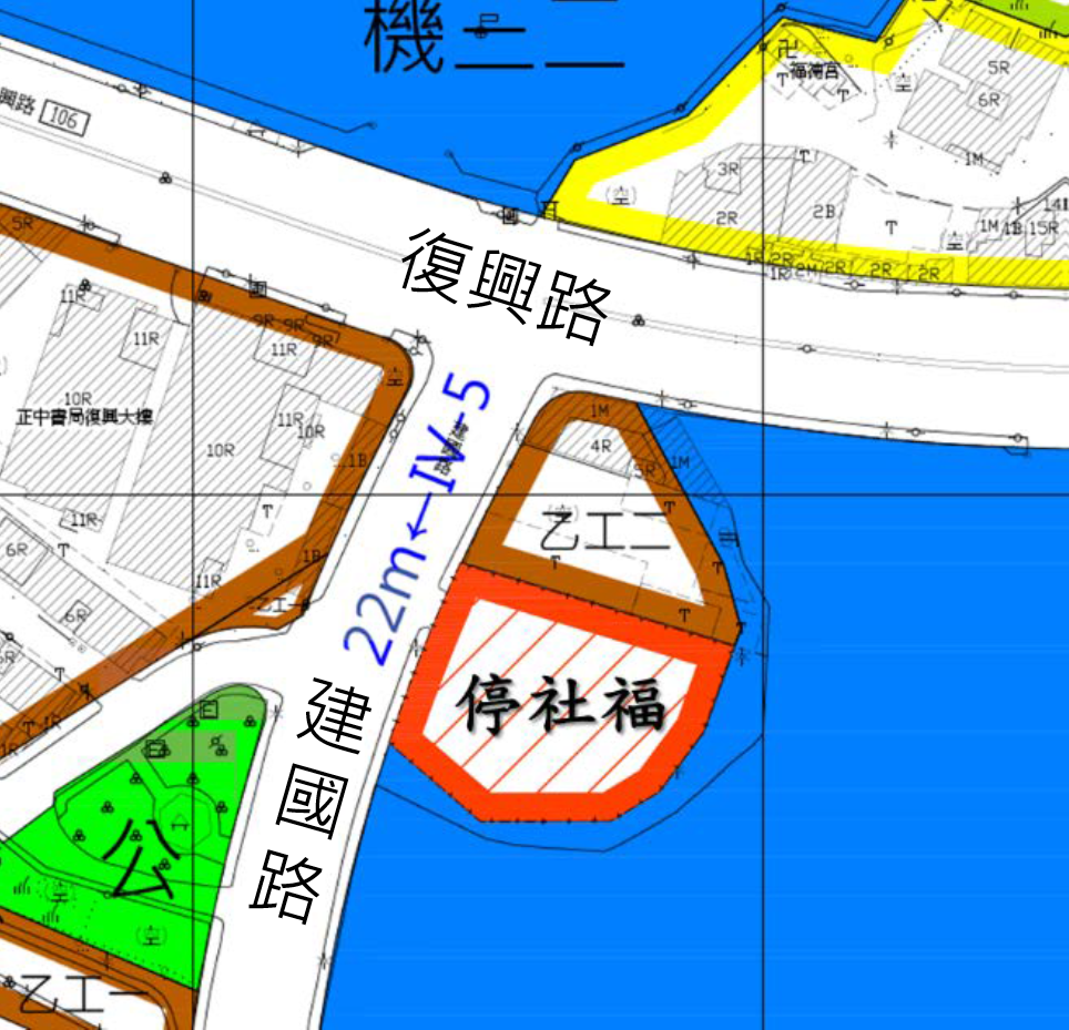 圖2內政部都市計畫委員會第1053次會議審議通過停車場用地變更為停車場及社會福利設施用地之土地使用計畫示意圖