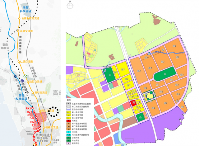 圖一 高雄新市鎮第二期發展區之區位與都市計畫示意圖 (資料來源：新市鎮建設組整理)